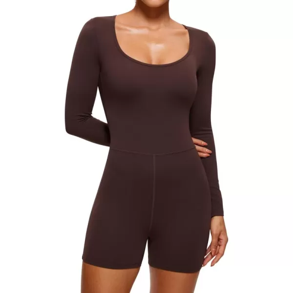 CRZ YOGA Butterluxe Athletic Rompers for Women Long Sleeve Scoop Neck Short Jumpsuits Stretchy Workout One Piece BodysuitHot Fudge Brown