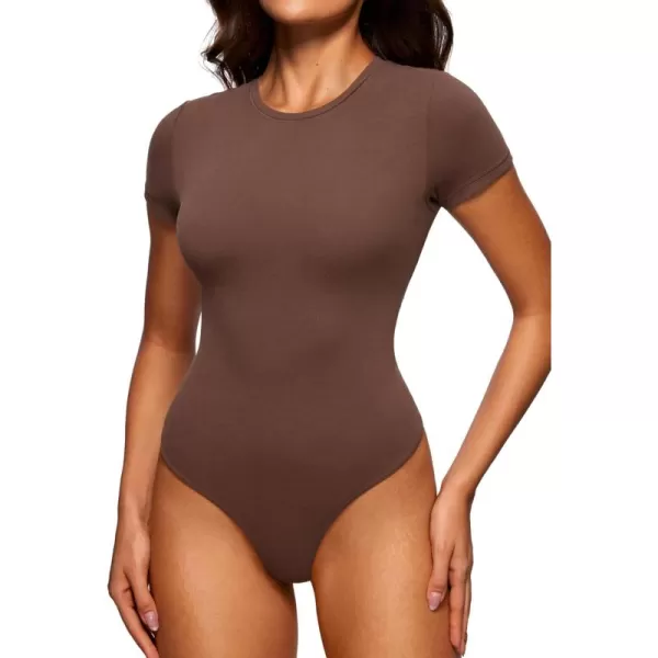 CRZ YOGA Cotton Short Sleeve Bodysuit for Women Casual Basic T Shirts Top Soft Breathable Crew Neck Sexy Thong BodysuitCoffee Brown