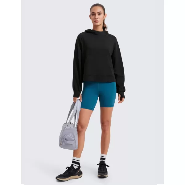 CRZ YOGA Womens Fleece Mock Neck Hoodie Oversized Pullover Long Sleeve Casual Workout Hooded Sweatshirts with Thumb HoleBlack