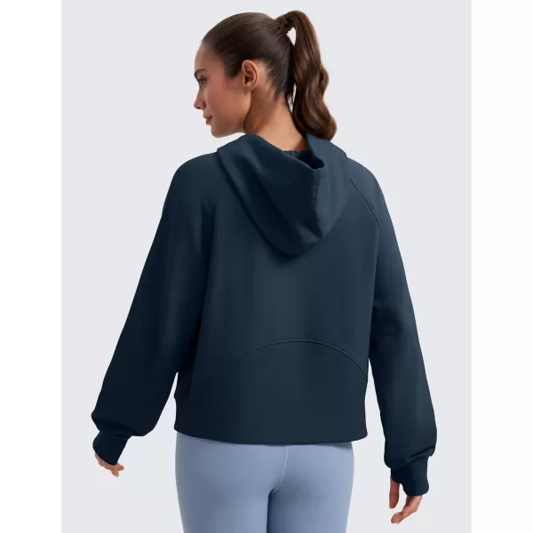 CRZ YOGA Womens Fleece Mock Neck Hoodie Oversized Pullover Long Sleeve Casual Workout Hooded Sweatshirts with Thumb HoleInk Blue