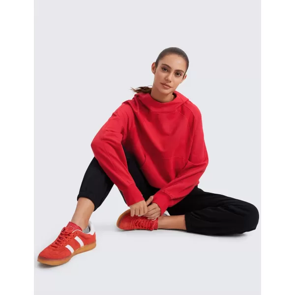 CRZ YOGA Womens Fleece Mock Neck Hoodie Oversized Pullover Long Sleeve Casual Workout Hooded Sweatshirts with Thumb HoleRed Chili