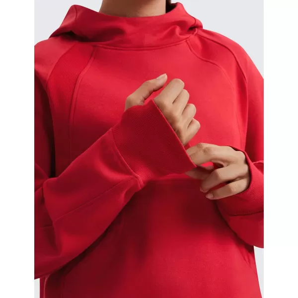 CRZ YOGA Womens Fleece Mock Neck Hoodie Oversized Pullover Long Sleeve Casual Workout Hooded Sweatshirts with Thumb HoleRed Chili