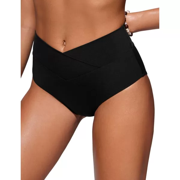 CRZ YOGA Womens V Cut Bikini Bottom High Waisted Cross Front Bathing Swimsuit Bottoms Full Coverage Swim BottomsBlack