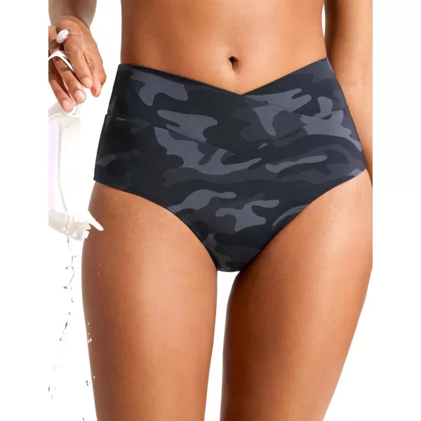 CRZ YOGA Womens V Cut Bikini Bottom High Waisted Cross Front Bathing Swimsuit Bottoms Full Coverage Swim BottomsJungle Camouflage Gray