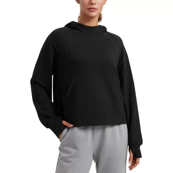 CRZ YOGA Womens Fleece Mock Neck Hoodie Oversized Pullover Long Sleeve Casual Workout Hooded Sweatshirts with Thumb HoleBlack