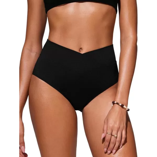 CRZ YOGA Womens V Cut Bikini Bottom High Waisted Cross Front Bathing Swimsuit Bottoms Full Coverage Swim BottomsBlack