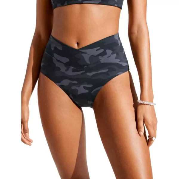 CRZ YOGA Womens V Cut Bikini Bottom High Waisted Cross Front Bathing Swimsuit Bottoms Full Coverage Swim BottomsJungle Camouflage Gray