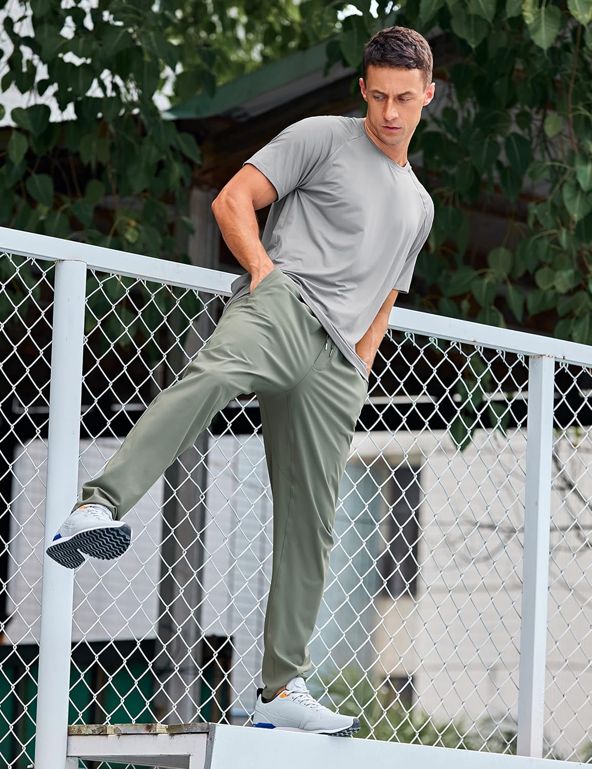 CRZ YOGA 4Way Stretch Athletic Pants for Men 30quot Workout Lounge Casual Work Jogger Pants with Zip PocketGrey Sage