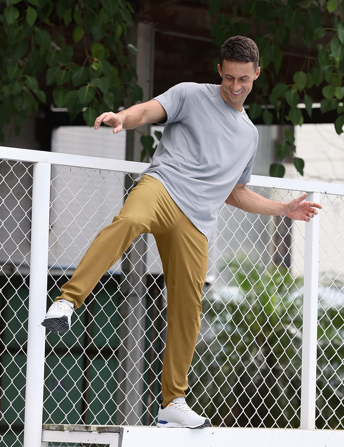 CRZ YOGA 4Way Stretch Athletic Pants for Men 30quot Workout Lounge Casual Work Jogger Pants with Zip PocketKhaki Sand