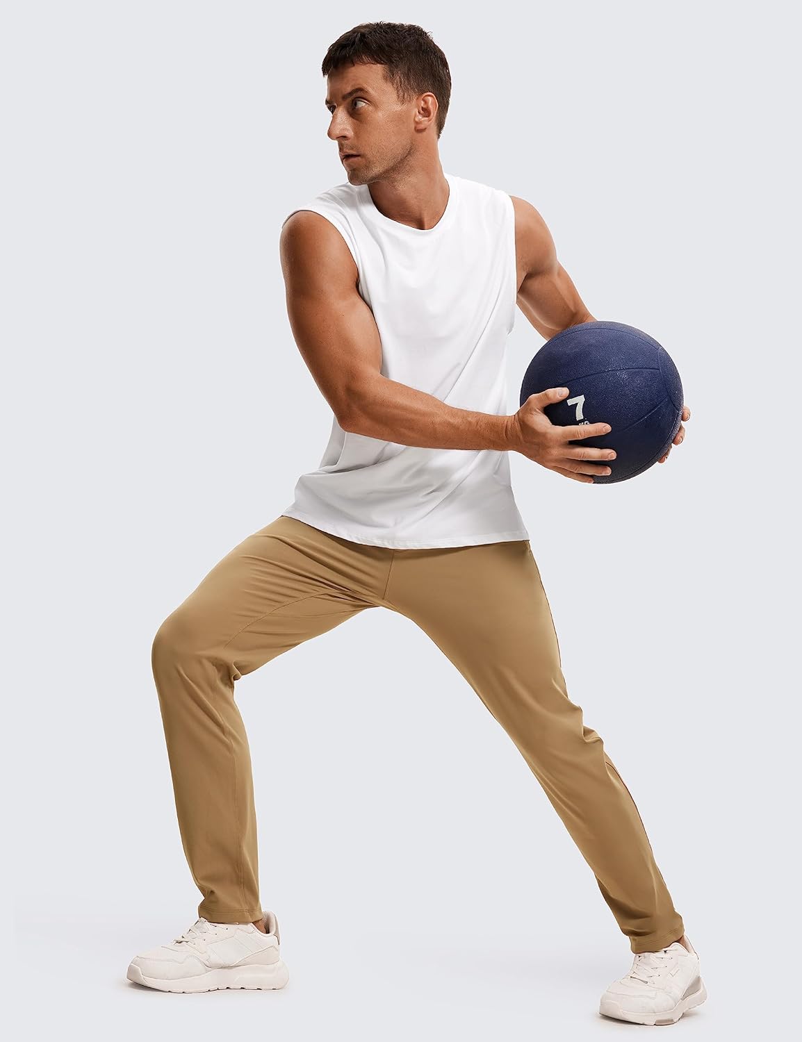CRZ YOGA 4Way Stretch Athletic Pants for Men 30quot Workout Lounge Casual Work Jogger Pants with Zip PocketKhaki Sand