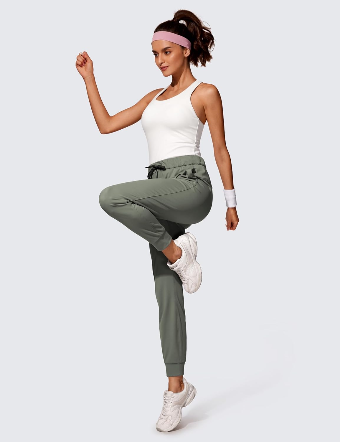 CRZ YOGA 4Way Stretch Workout Joggers for Women 28quot  Casual Travel Pants Lounge Athletic Joggers with PocketsGrey Sage