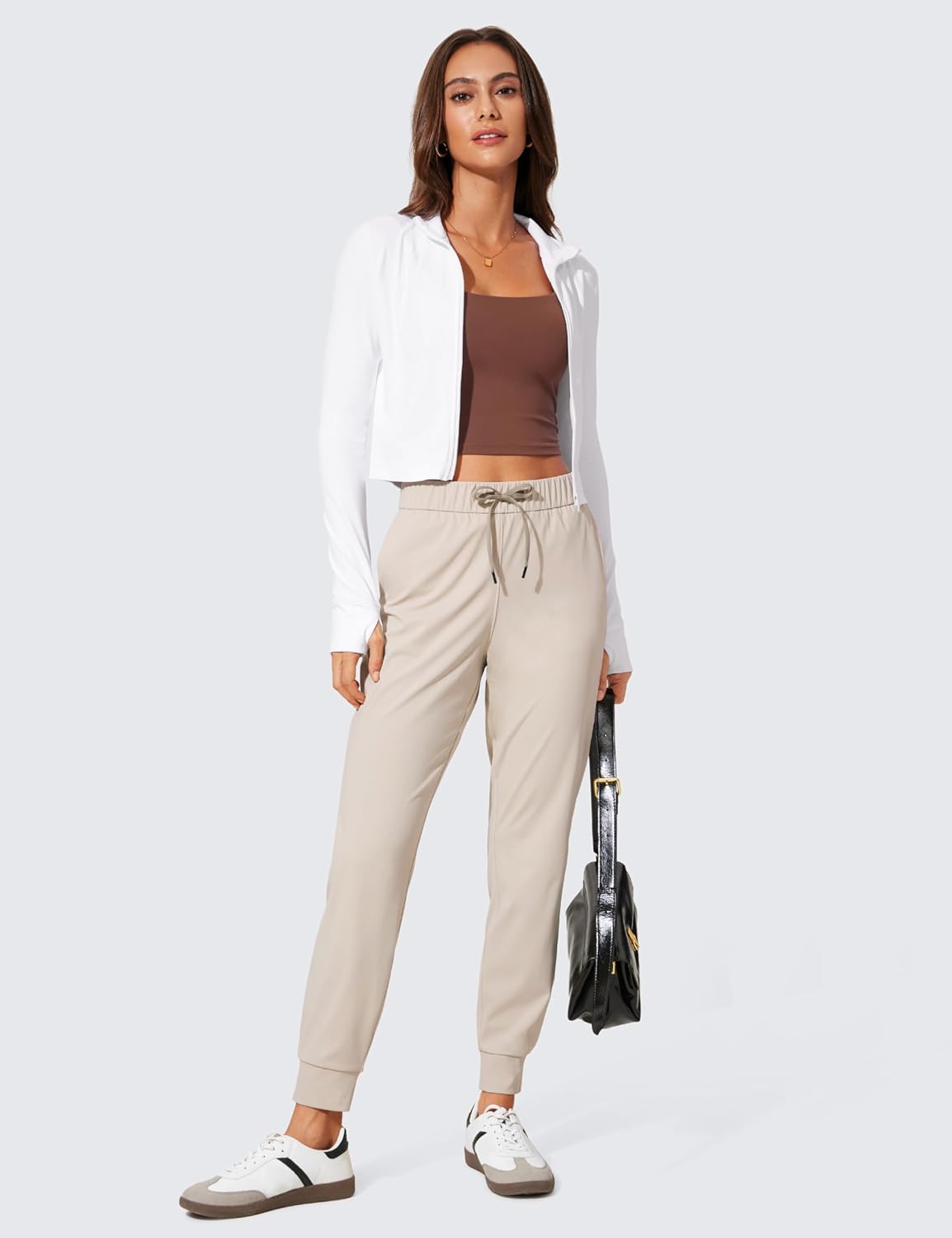 CRZ YOGA 4Way Stretch Workout Joggers for Women 28quot  Casual Travel Pants Lounge Athletic Joggers with PocketsMojave Tan