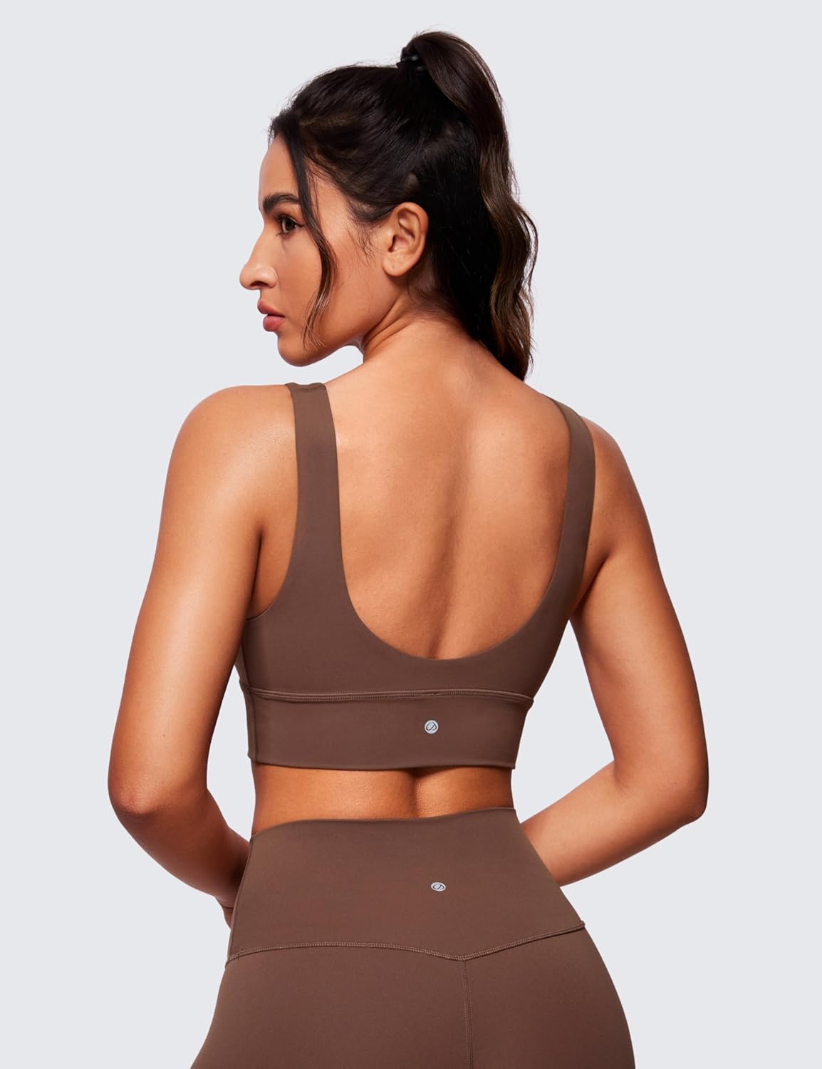 CRZ YOGA Butterluxe Womens VNeck Longline Sports Bra  U Back Wireless Yoga Bra Low Impact Padded Crop TopCoffee Brown