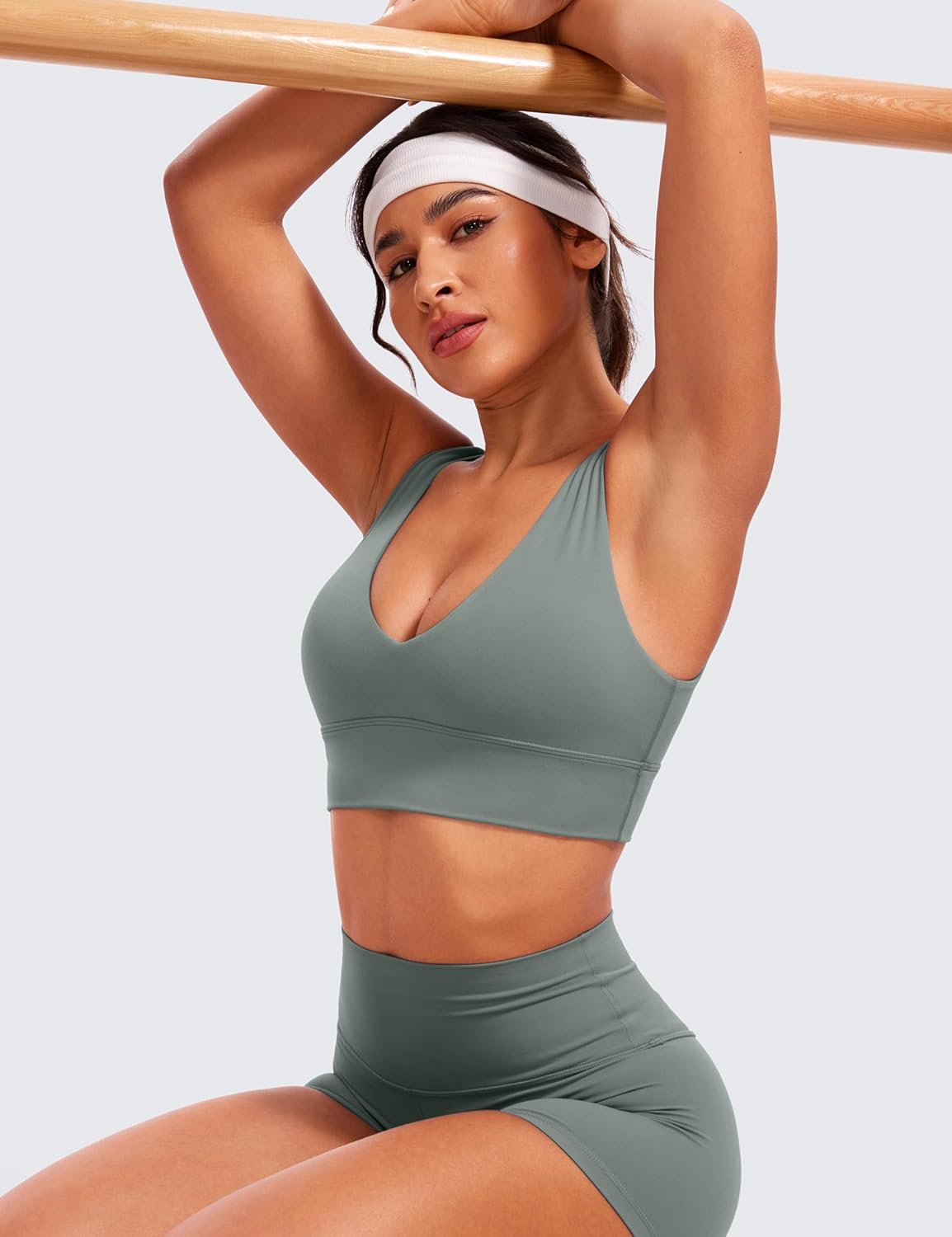 CRZ YOGA Butterluxe Womens VNeck Longline Sports Bra  U Back Wireless Yoga Bra Low Impact Padded Crop TopGrey Sage