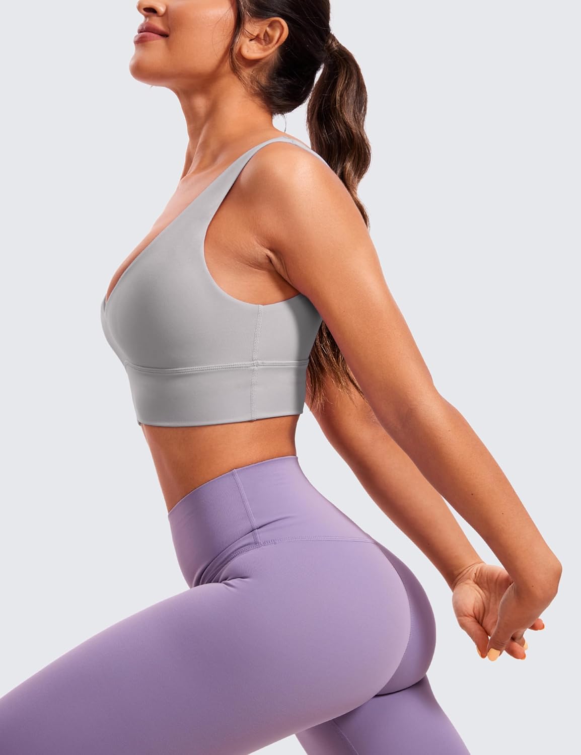 CRZ YOGA Butterluxe Womens VNeck Longline Sports Bra  U Back Wireless Yoga Bra Low Impact Padded Crop TopGull Gray