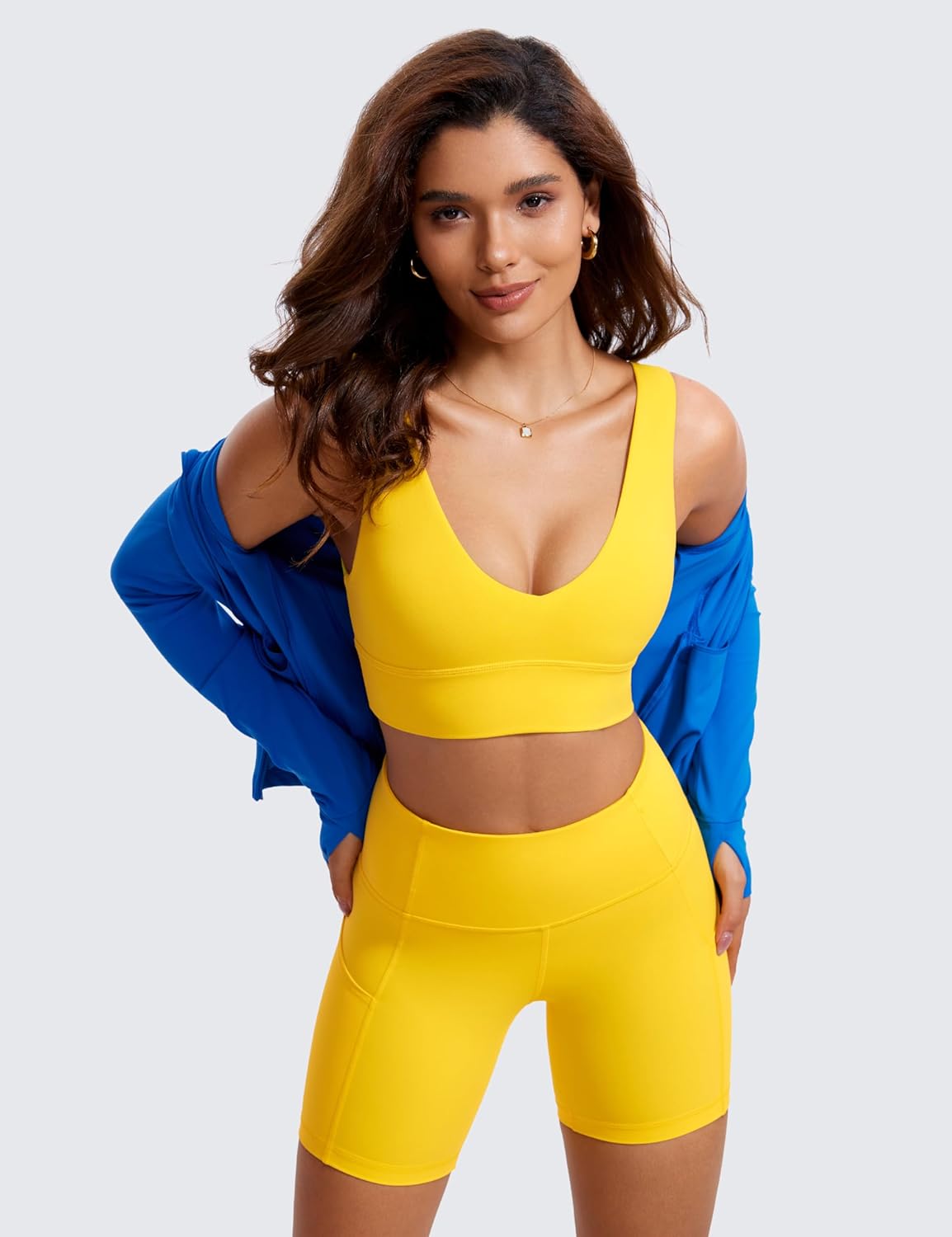 CRZ YOGA Butterluxe Womens VNeck Longline Sports Bra  U Back Wireless Yoga Bra Low Impact Padded Crop TopHigh Visibility Yellow