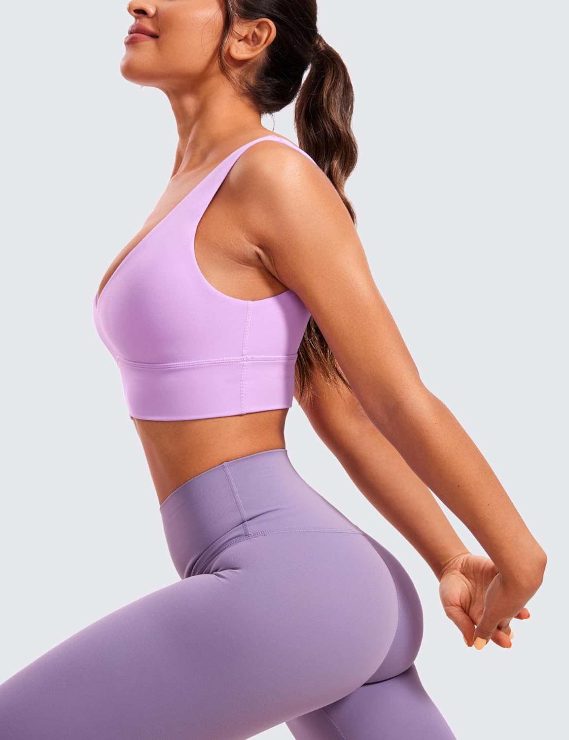 CRZ YOGA Butterluxe Womens VNeck Longline Sports Bra  U Back Wireless Yoga Bra Low Impact Padded Crop TopLilac