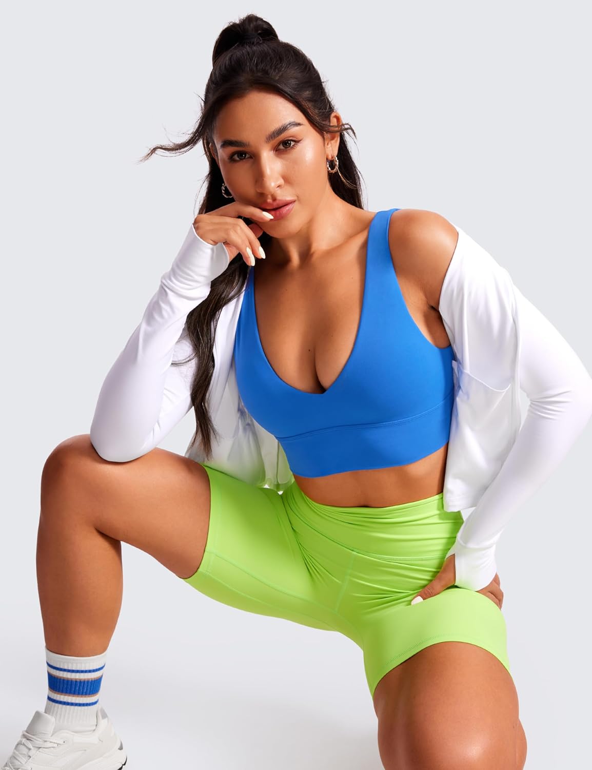 CRZ YOGA Butterluxe Womens VNeck Longline Sports Bra  U Back Wireless Yoga Bra Low Impact Padded Crop TopSparkle Blue