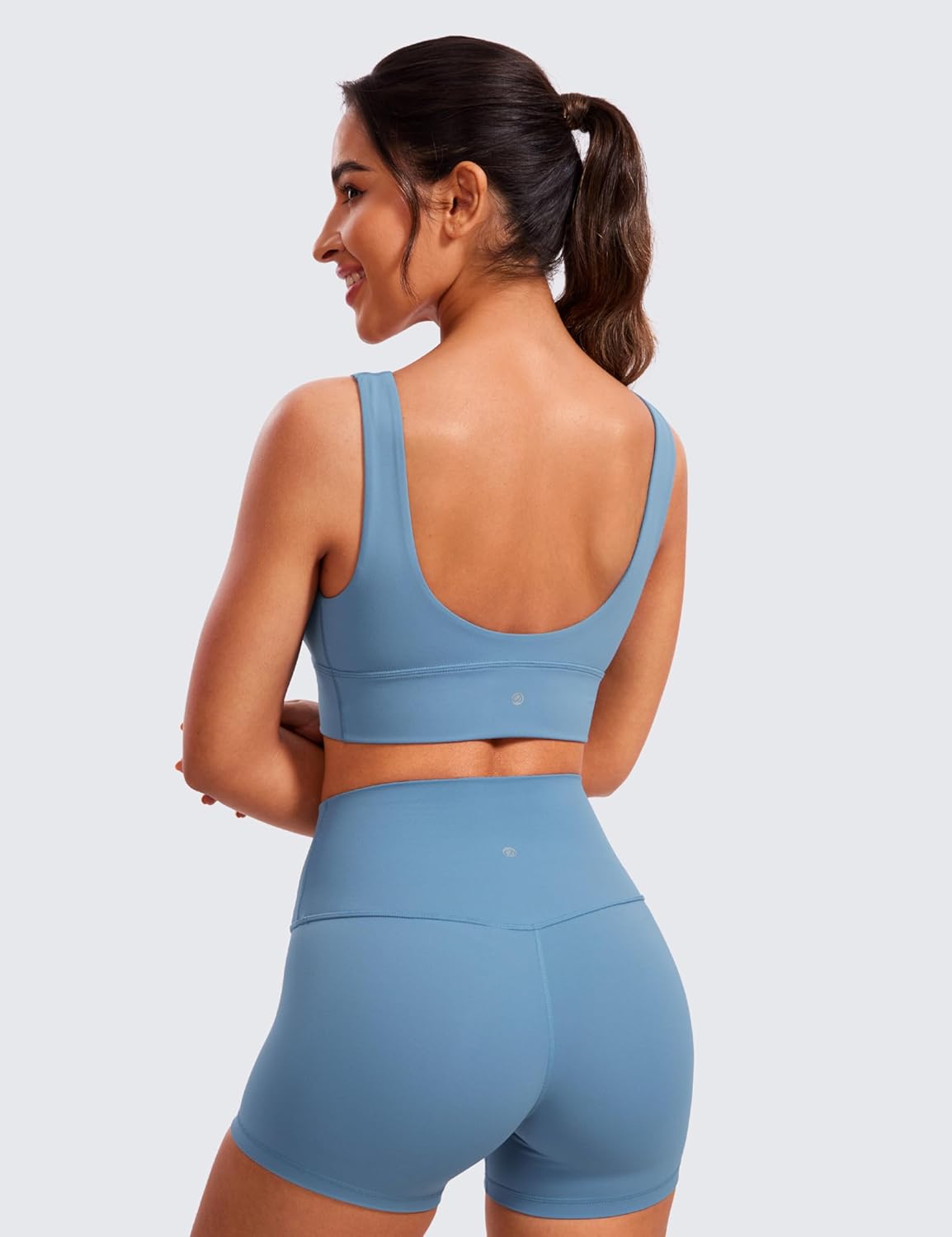 CRZ YOGA Butterluxe Womens VNeck Longline Sports Bra  U Back Wireless Yoga Bra Low Impact Padded Crop TopUniverse Blue