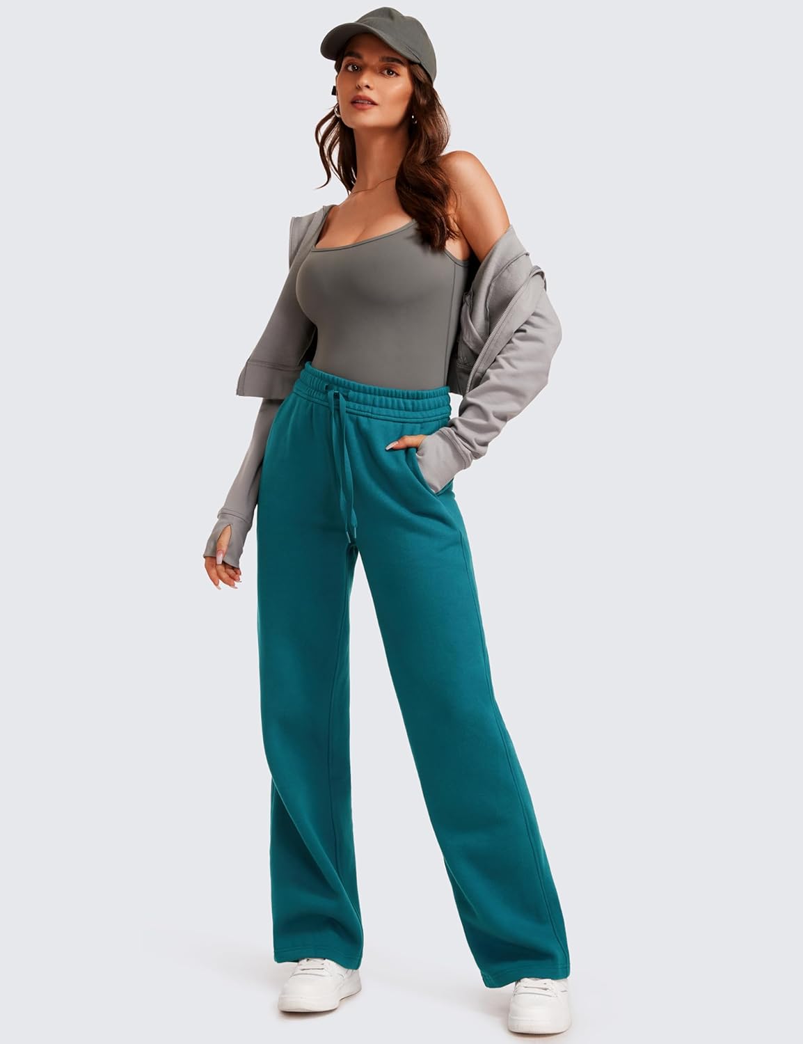 CRZ YOGA Cotton Fleece Lined Sweatpants Women 30quot Straight Leg Casual Lounge Sweat Pants for WomenGreen Jade