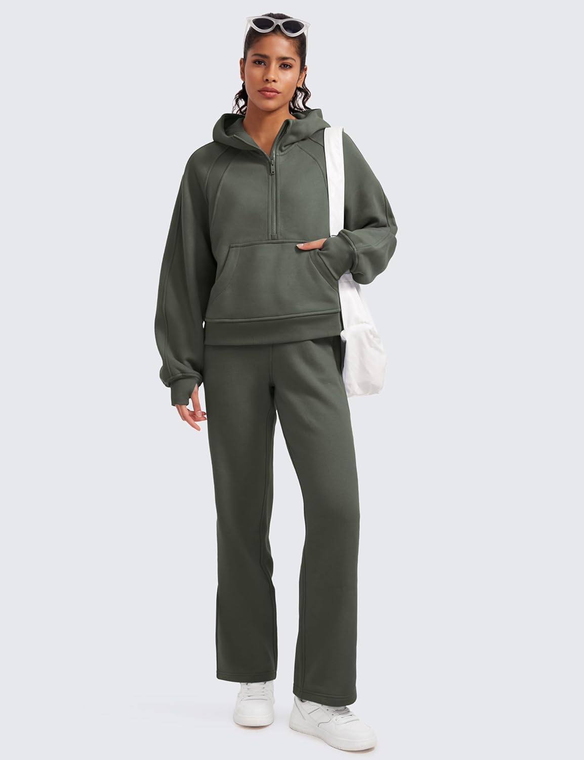 CRZ YOGA Cotton Fleece Lined Sweatpants Women 30quot Straight Leg Casual Lounge Sweat Pants for WomenLight Army Green