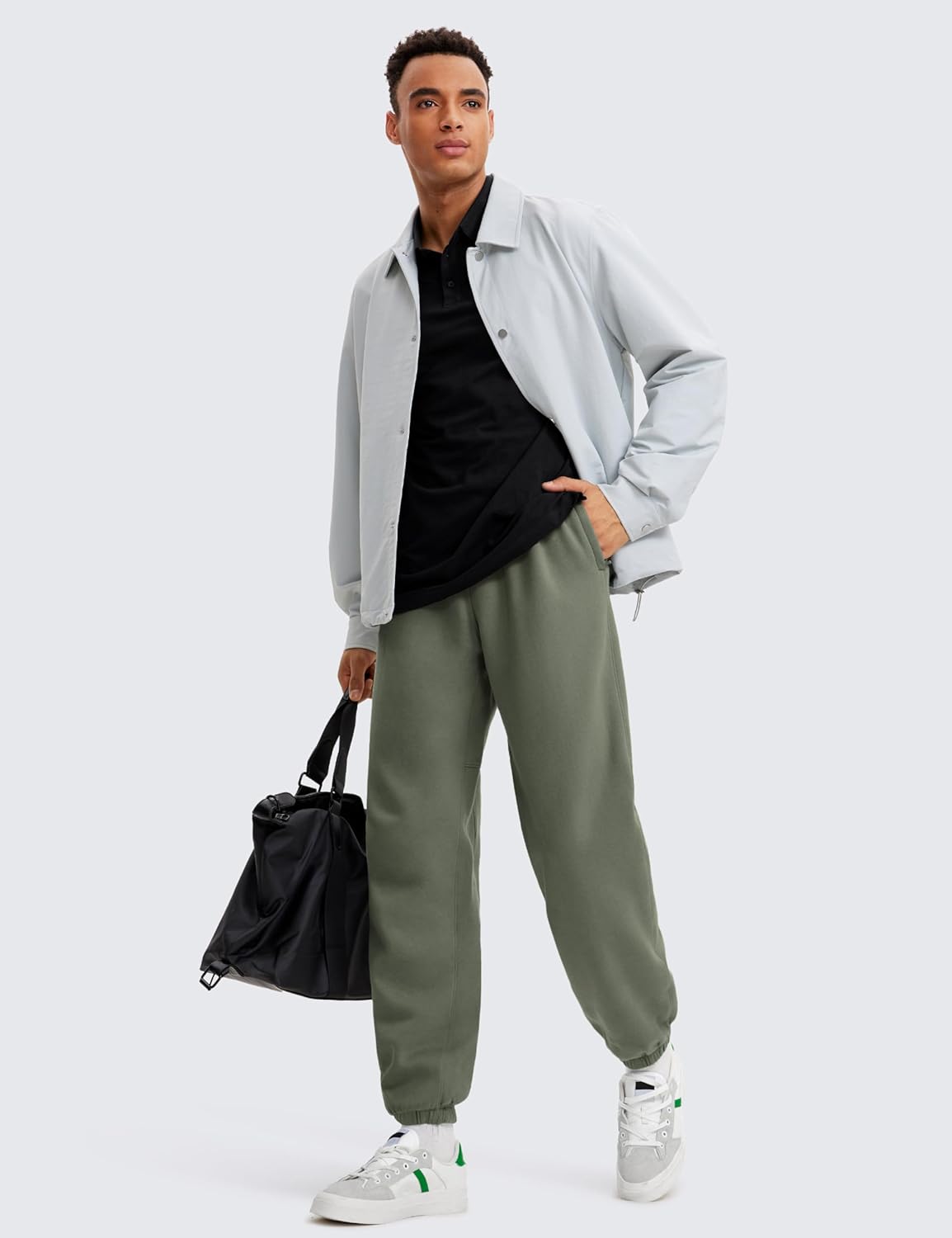 CRZ YOGA Cotton Fleece Sweatpants for Men 32quot Loosed Fit Lounge Casual Elastic Bottom Sweat Pants with Zipper PocketsLight Army Green