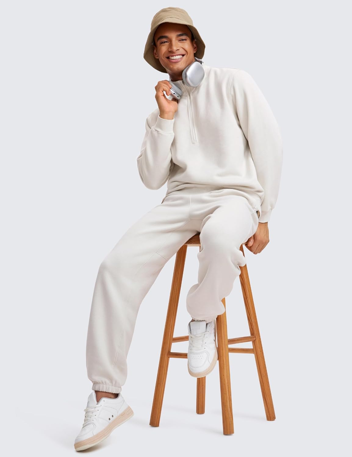 CRZ YOGA Cotton Fleece Sweatpants for Men 32quot Loosed Fit Lounge Casual Elastic Bottom Sweat Pants with Zipper PocketsMilky White Bone