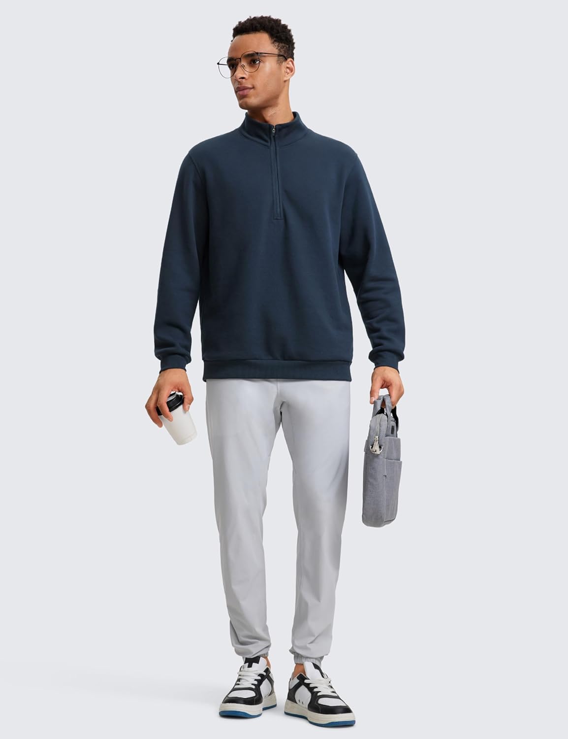CRZ YOGA Fleece Lined Half Zip Sweatshirts for Men Mock Neck Pullover Sweatshirt Casual Workout Daily SweatersInk Blue