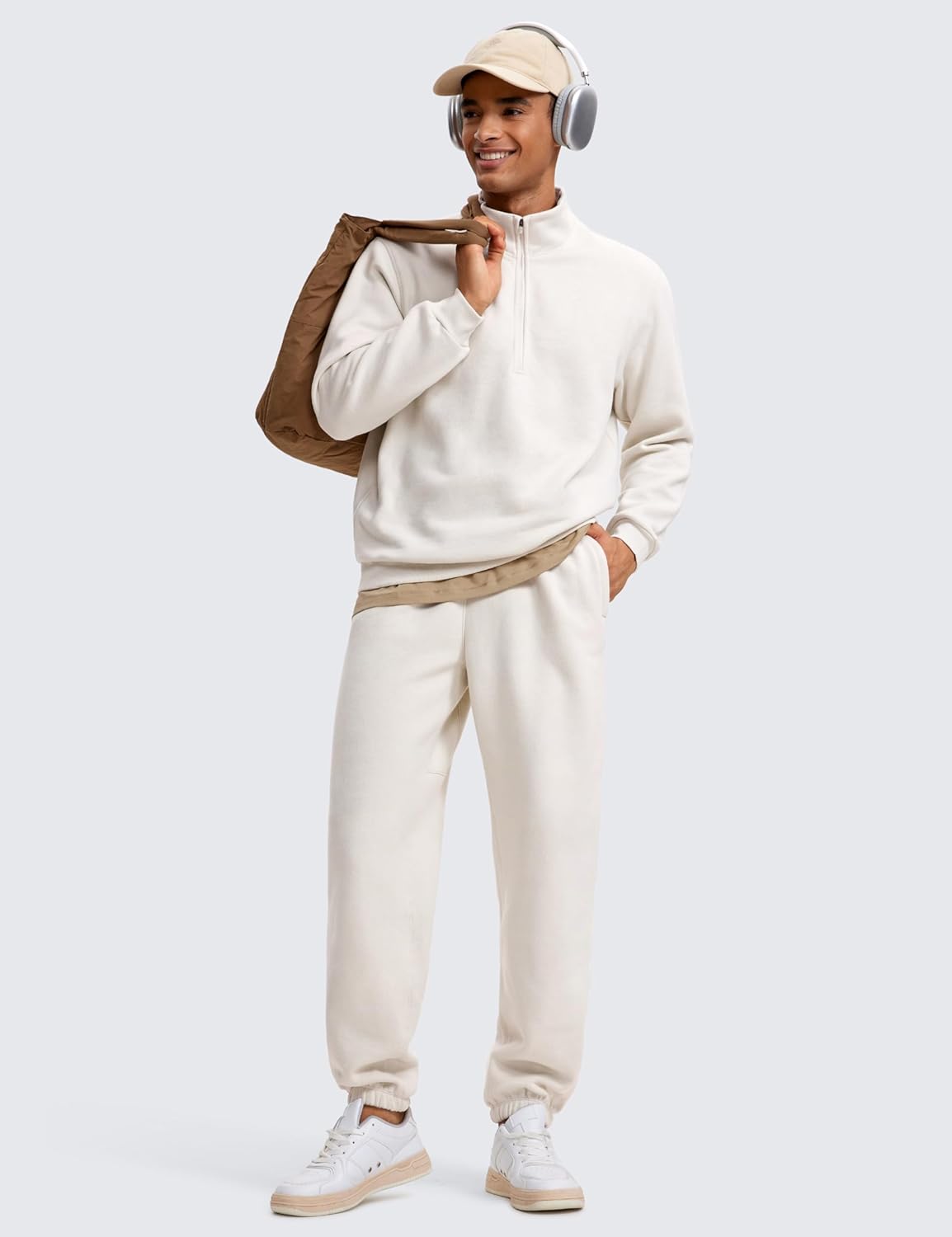 CRZ YOGA Fleece Lined Half Zip Sweatshirts for Men Mock Neck Pullover Sweatshirt Casual Workout Daily SweatersMilky White Bone