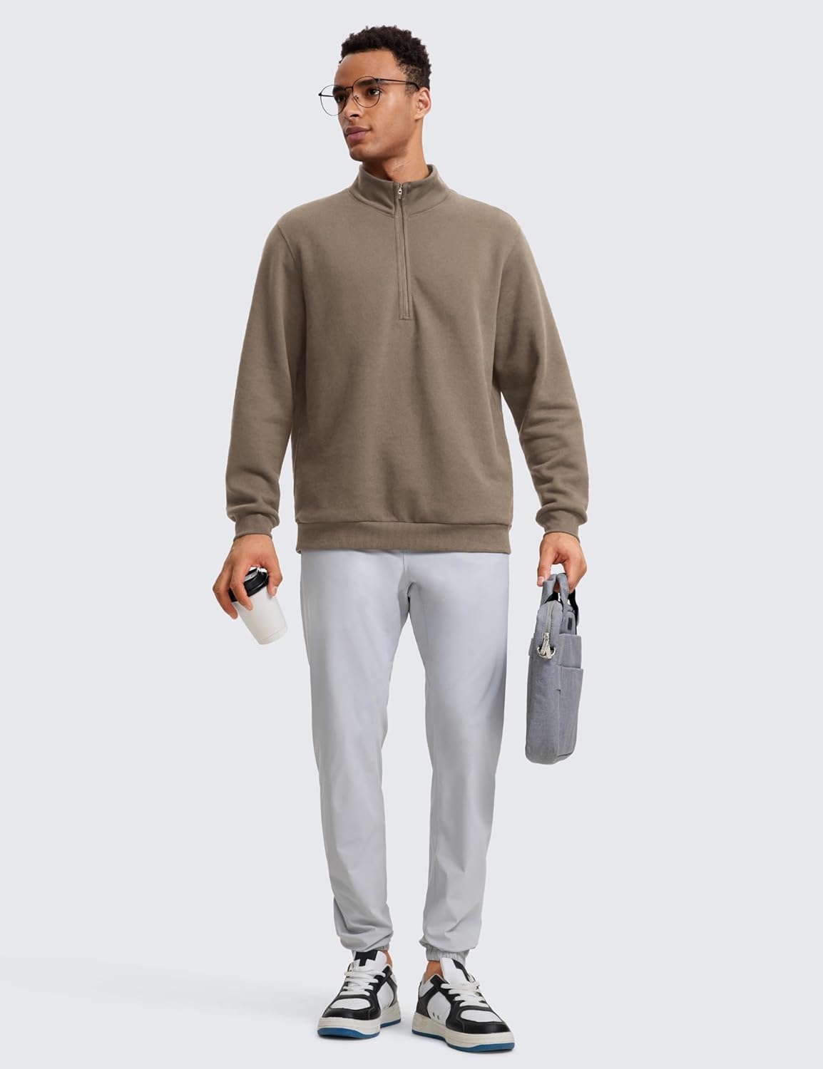 CRZ YOGA Fleece Lined Half Zip Sweatshirts for Men Mock Neck Pullover Sweatshirt Casual Workout Daily SweatersNomad Grey