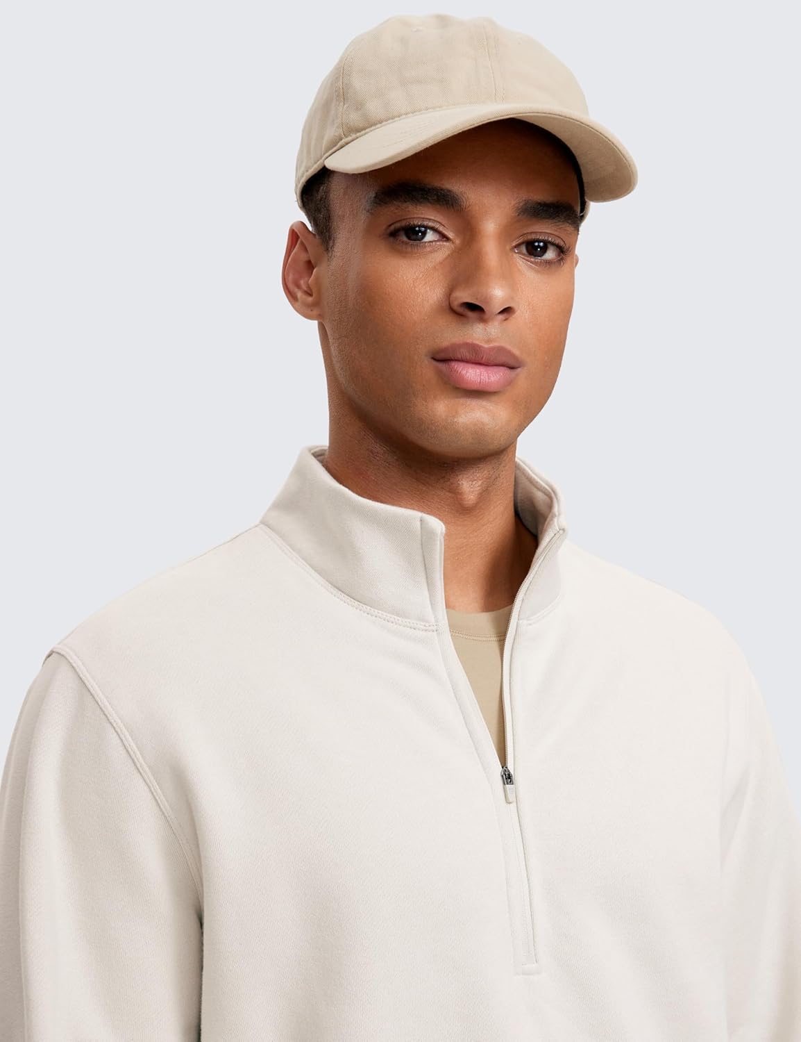 CRZ YOGA Fleece Lined Half Zip Sweatshirts for Men Mock Neck Pullover Sweatshirt Casual Workout Daily SweatersWhite Apricot