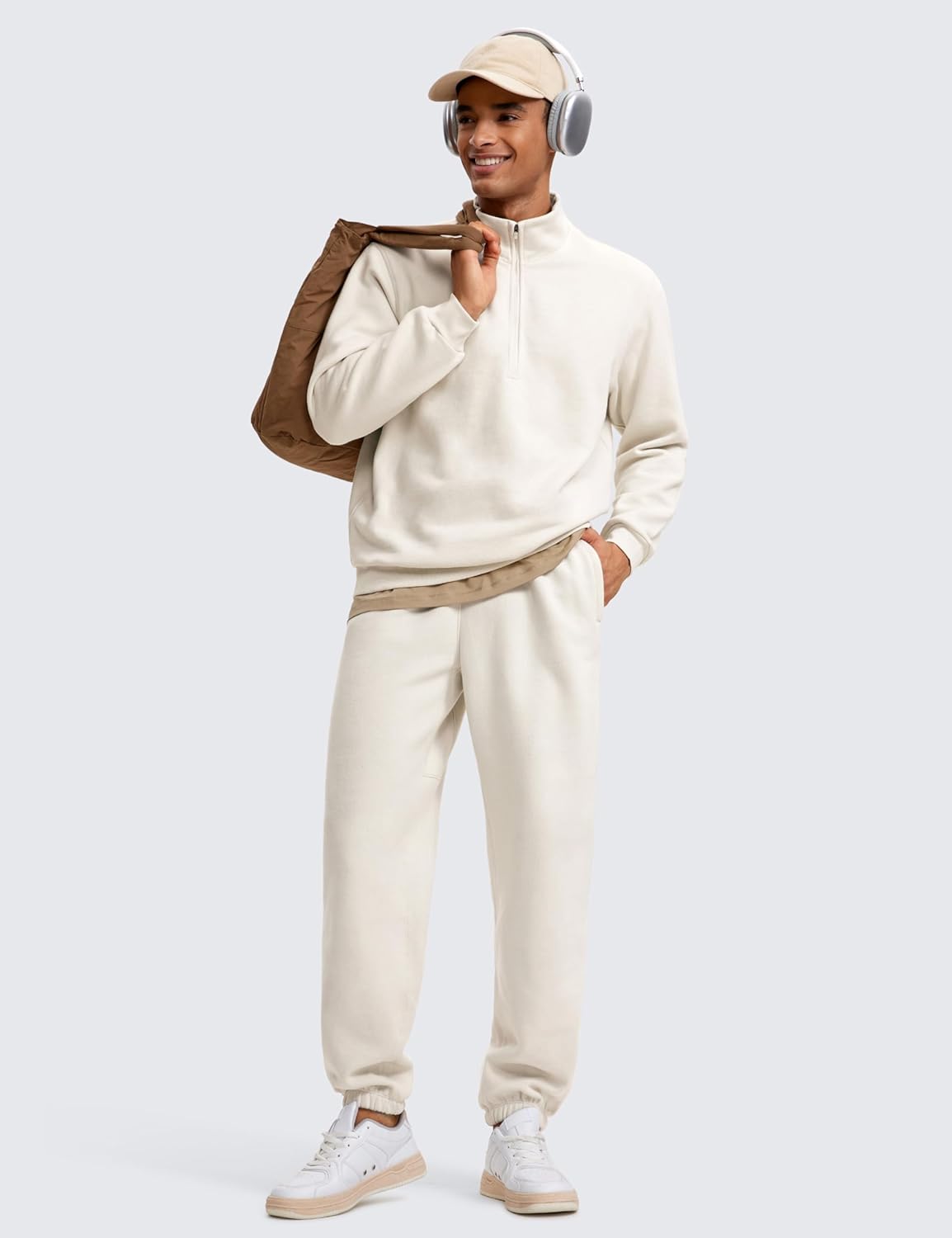 CRZ YOGA Fleece Lined Half Zip Sweatshirts for Men Mock Neck Pullover Sweatshirt Casual Workout Daily SweatersWhite Apricot