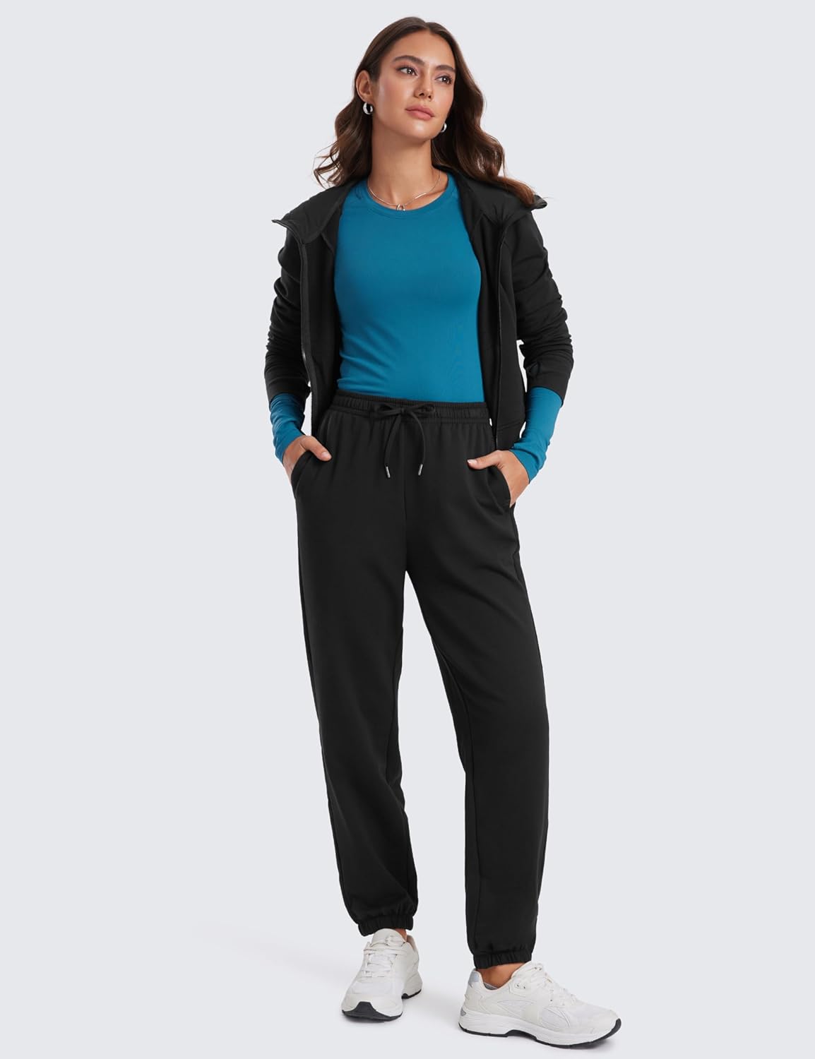 CRZ YOGA Fleece Sweatpants Women Cotton Joggers High Waisted Lounge Casual Travel Elastic Bottom Pants with PocketsBlack