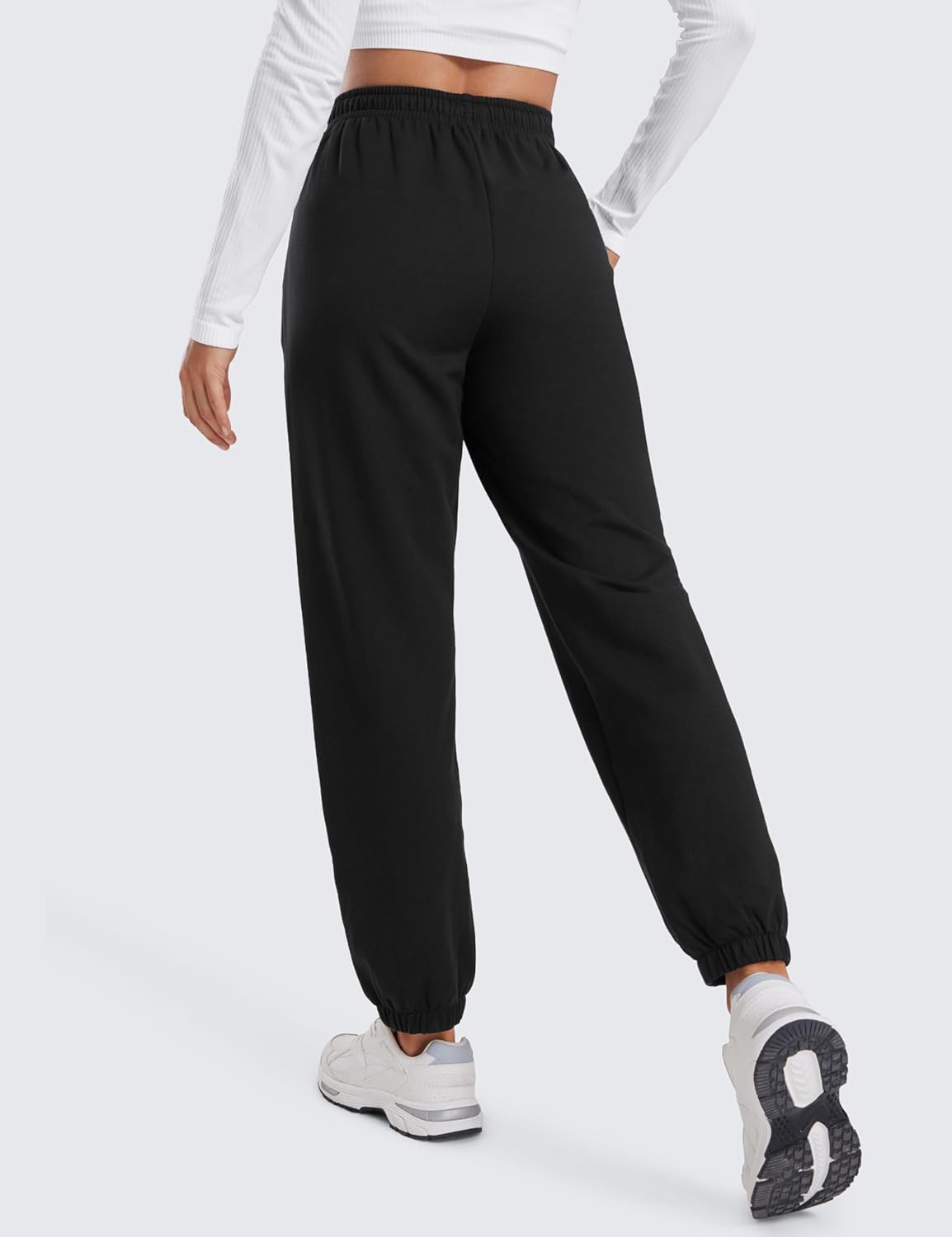 CRZ YOGA Fleece Sweatpants Women Cotton Joggers High Waisted Lounge Casual Travel Elastic Bottom Pants with PocketsBlack