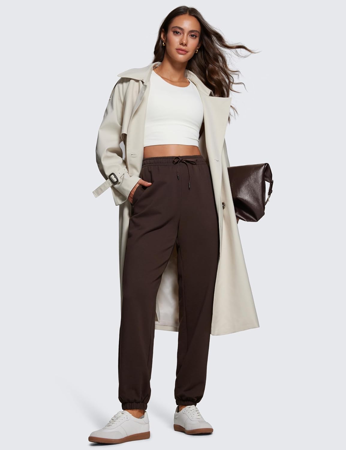 CRZ YOGA Fleece Sweatpants Women Cotton Joggers High Waisted Lounge Casual Travel Elastic Bottom Pants with PocketsHot Fudge Brown