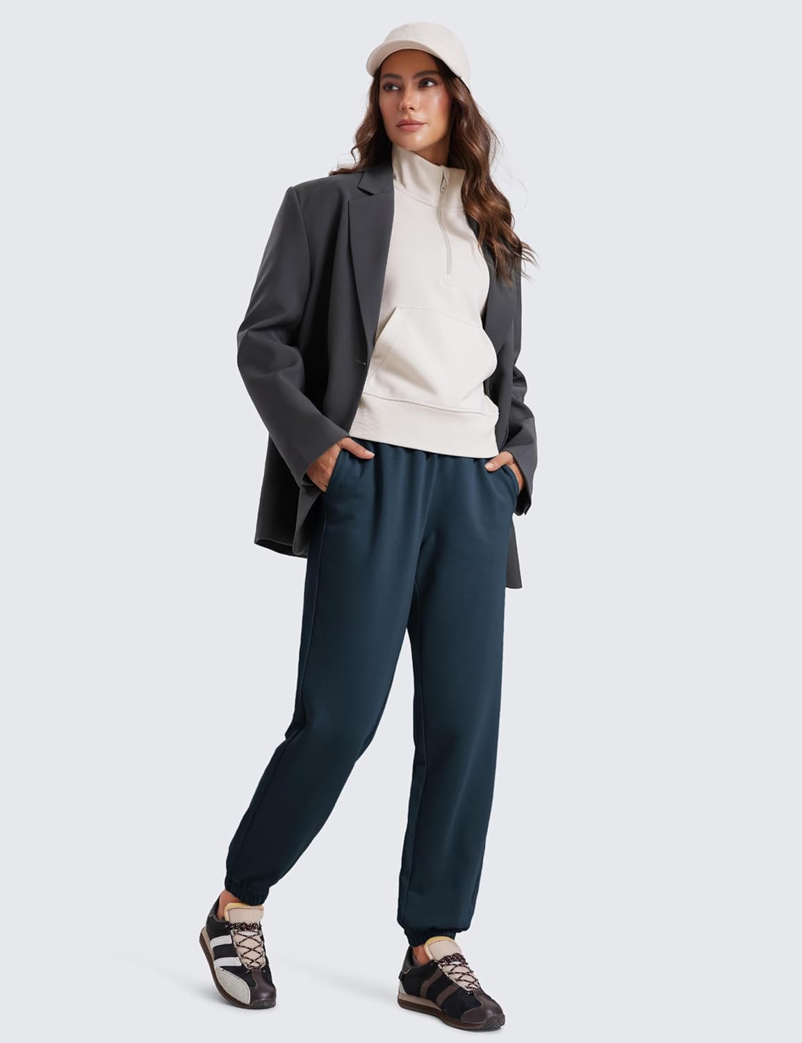 CRZ YOGA Fleece Sweatpants Women Cotton Joggers High Waisted Lounge Casual Travel Elastic Bottom Pants with PocketsInk Blue