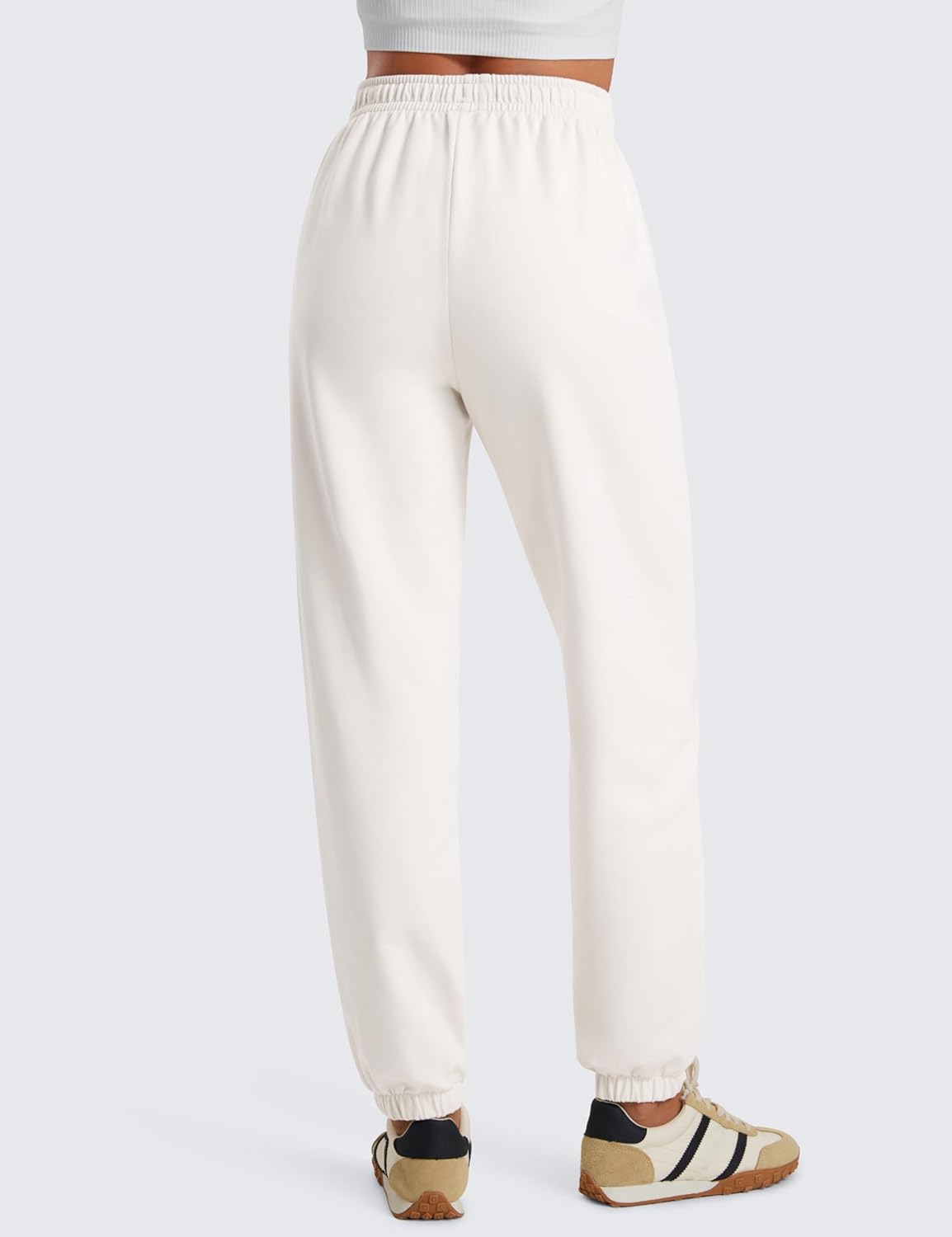 CRZ YOGA Fleece Sweatpants Women Cotton Joggers High Waisted Lounge Casual Travel Elastic Bottom Pants with PocketsMilky White Bone