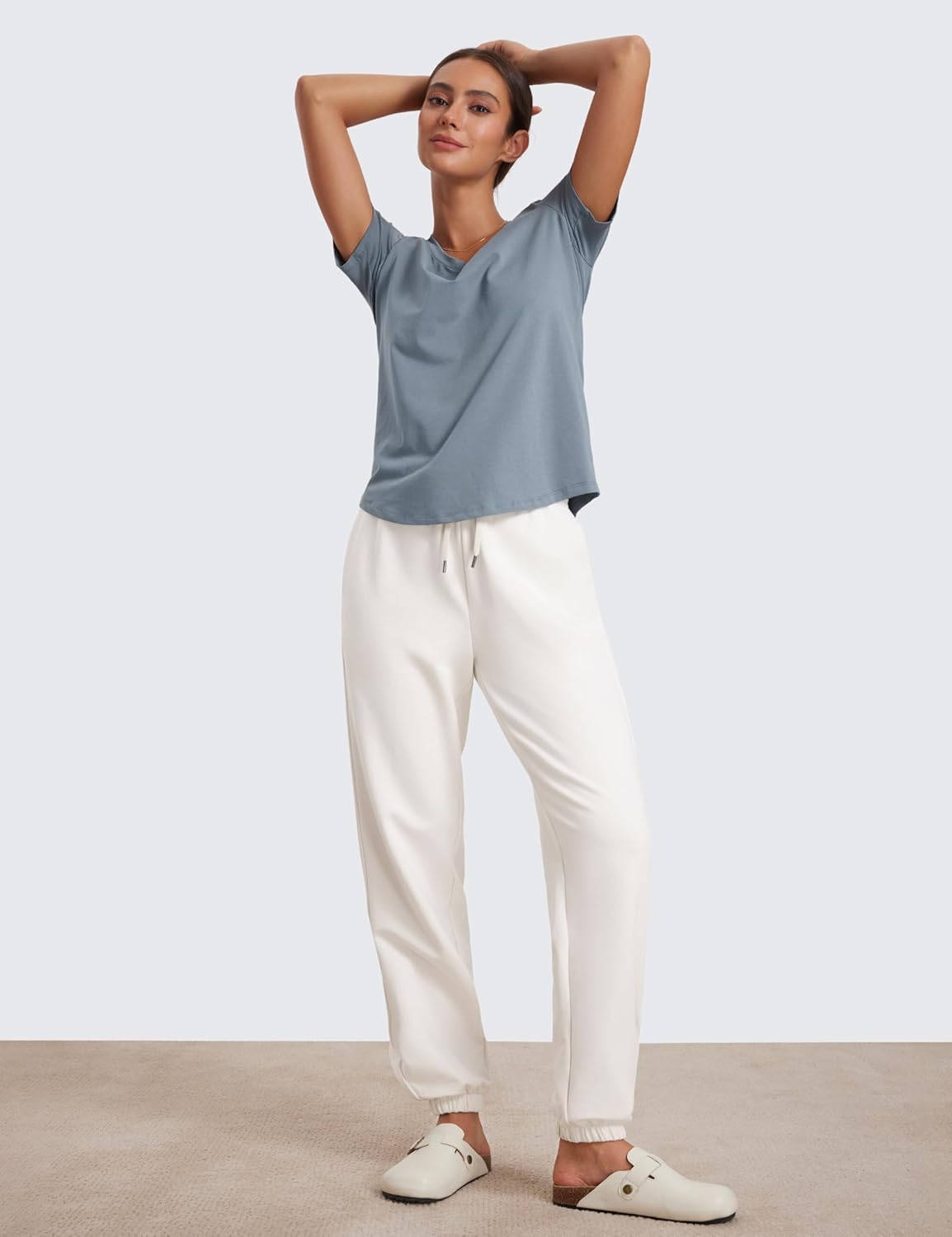 CRZ YOGA Fleece Sweatpants Women Cotton Joggers High Waisted Lounge Casual Travel Elastic Bottom Pants with PocketsMilky White Bone