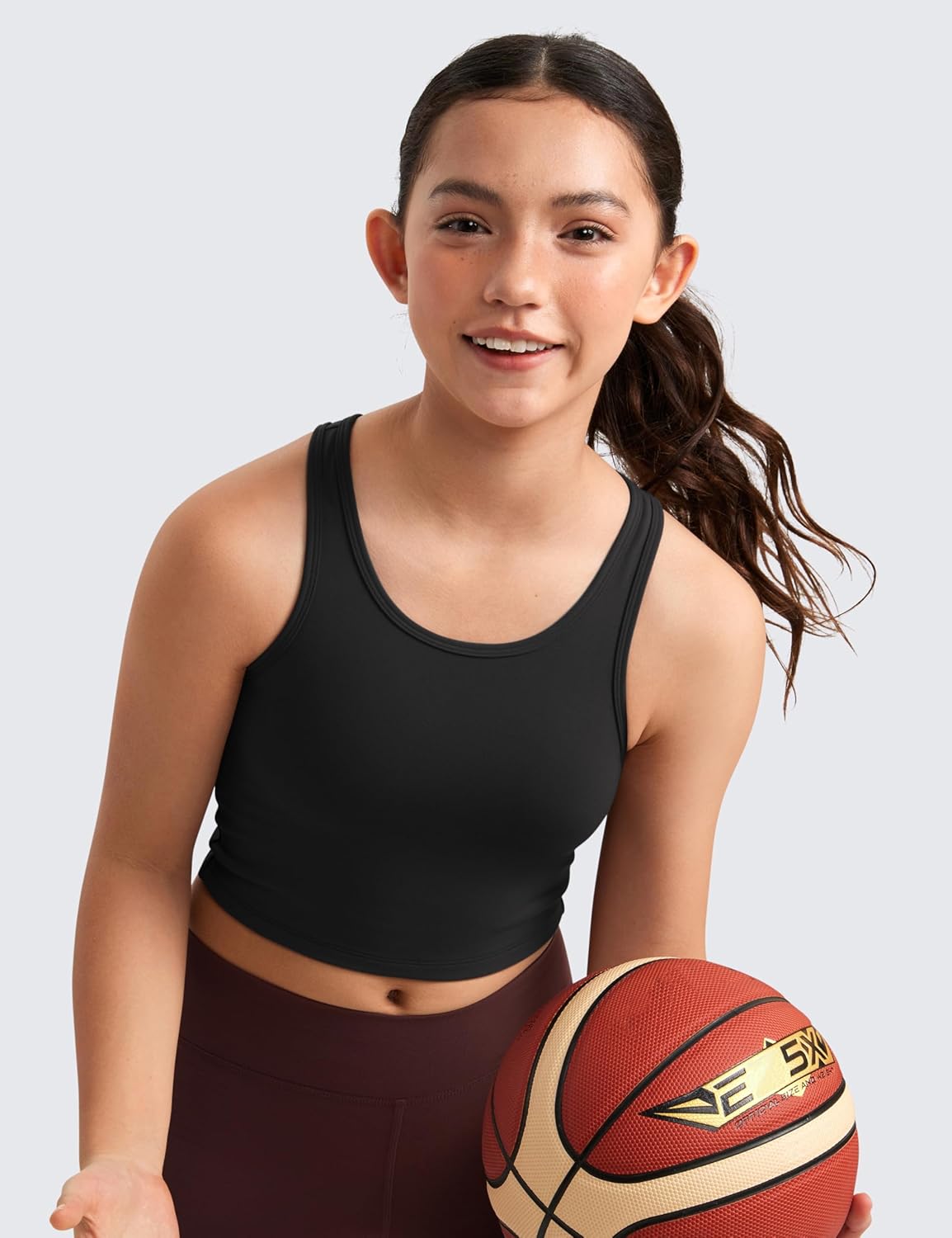 CRZ YOGA Girls Butterluxe Double Lined Tank Tops Crew Round Neck Racerback Teen Kid Workout Casual Dance Crop SleevelessBlack