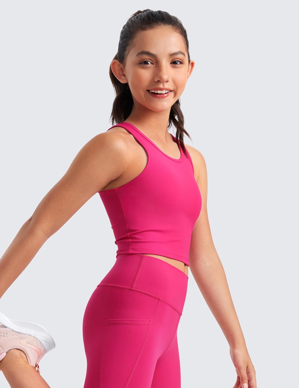 CRZ YOGA Girls Butterluxe Double Lined Tank Tops Crew Round Neck Racerback Teen Kid Workout Casual Dance Crop SleevelessGranita Pink