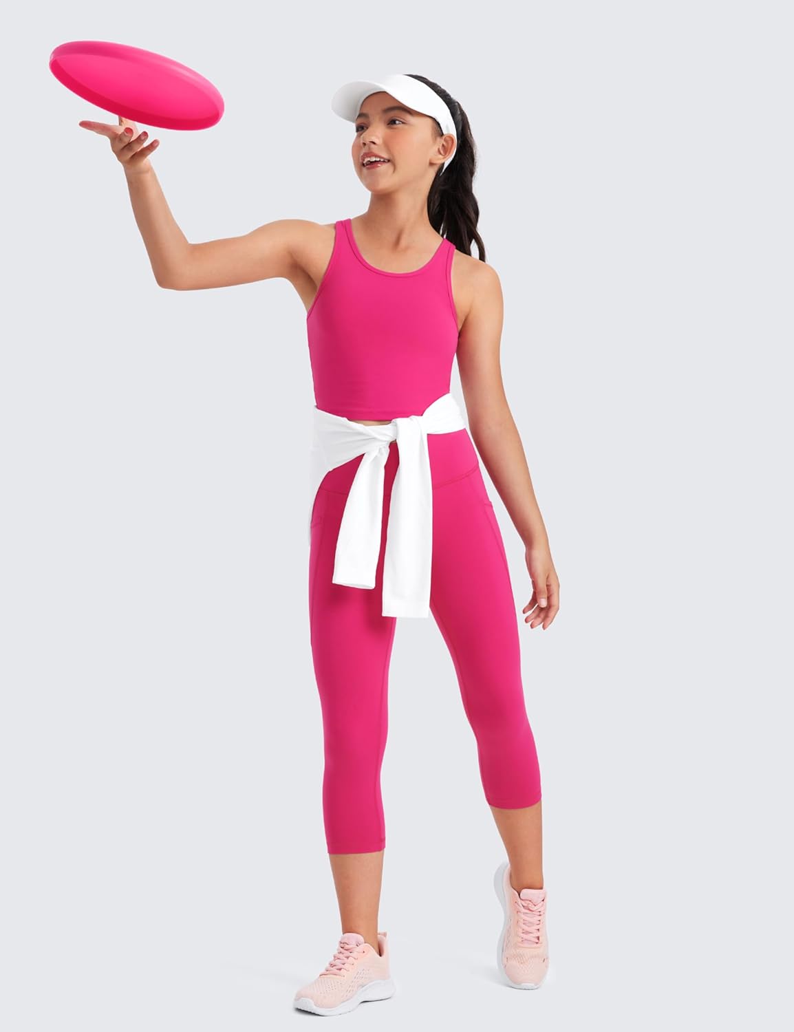 CRZ YOGA Girls Butterluxe Double Lined Tank Tops Crew Round Neck Racerback Teen Kid Workout Casual Dance Crop SleevelessGranita Pink