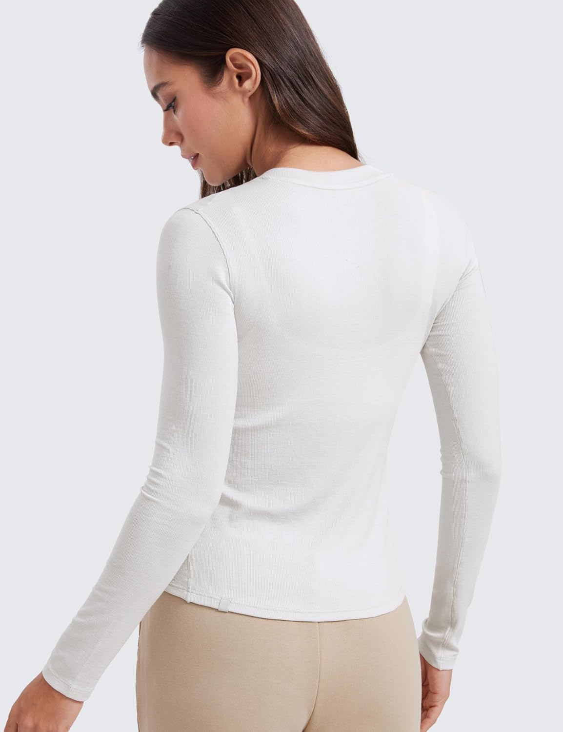 CRZ YOGA Long Sleeve Henley Shirts for Women Soft Casual Tight Tops Stretchy Knit Layering Basic Fitted Fall ShirtMilky White Bone