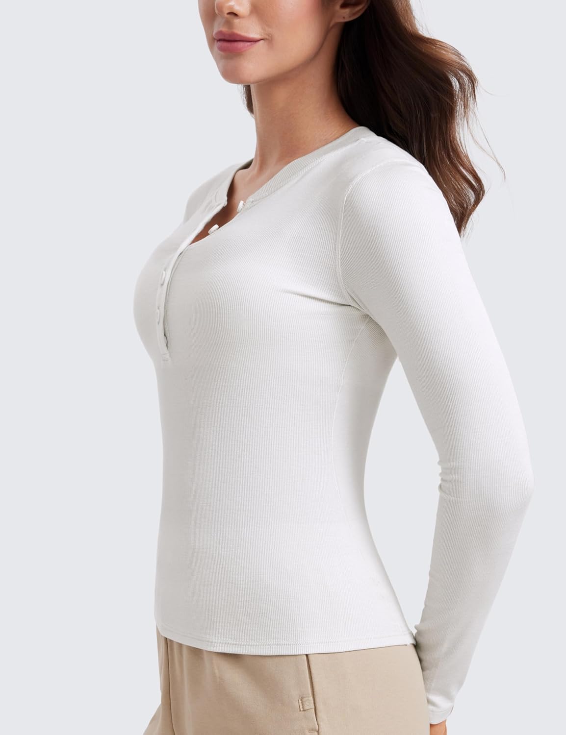 CRZ YOGA Long Sleeve Henley Shirts for Women Soft Casual Tight Tops Stretchy Knit Layering Basic Fitted Fall ShirtMilky White Bone