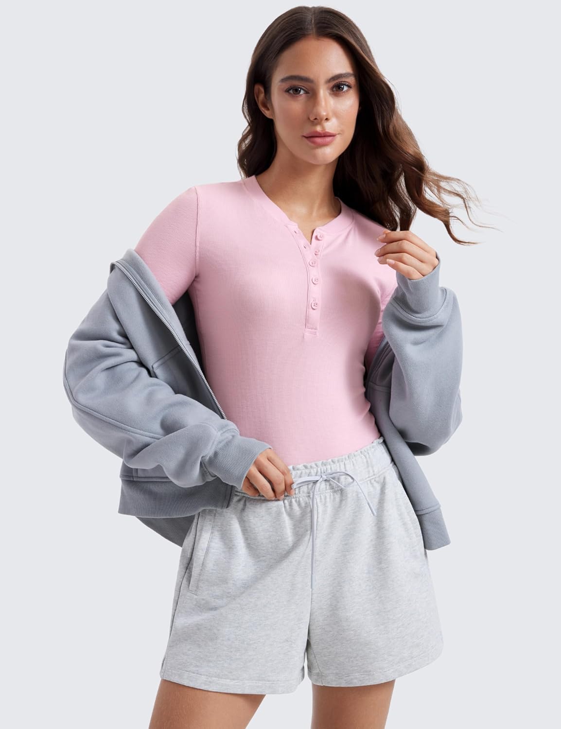 CRZ YOGA Long Sleeve Henley Shirts for Women Soft Casual Tight Tops Stretchy Knit Layering Basic Fitted Fall ShirtPink Peony