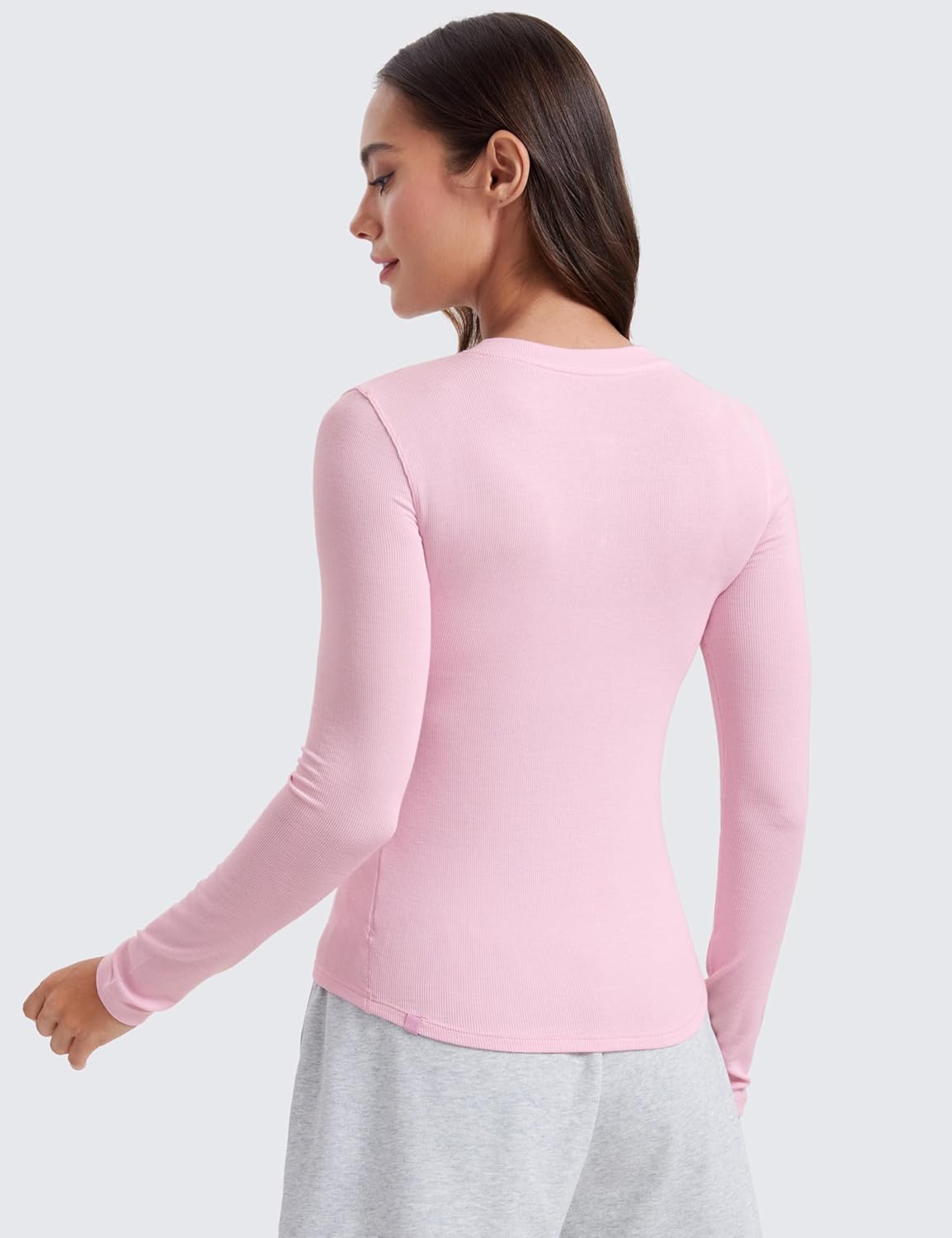 CRZ YOGA Long Sleeve Henley Shirts for Women Soft Casual Tight Tops Stretchy Knit Layering Basic Fitted Fall ShirtPink Peony