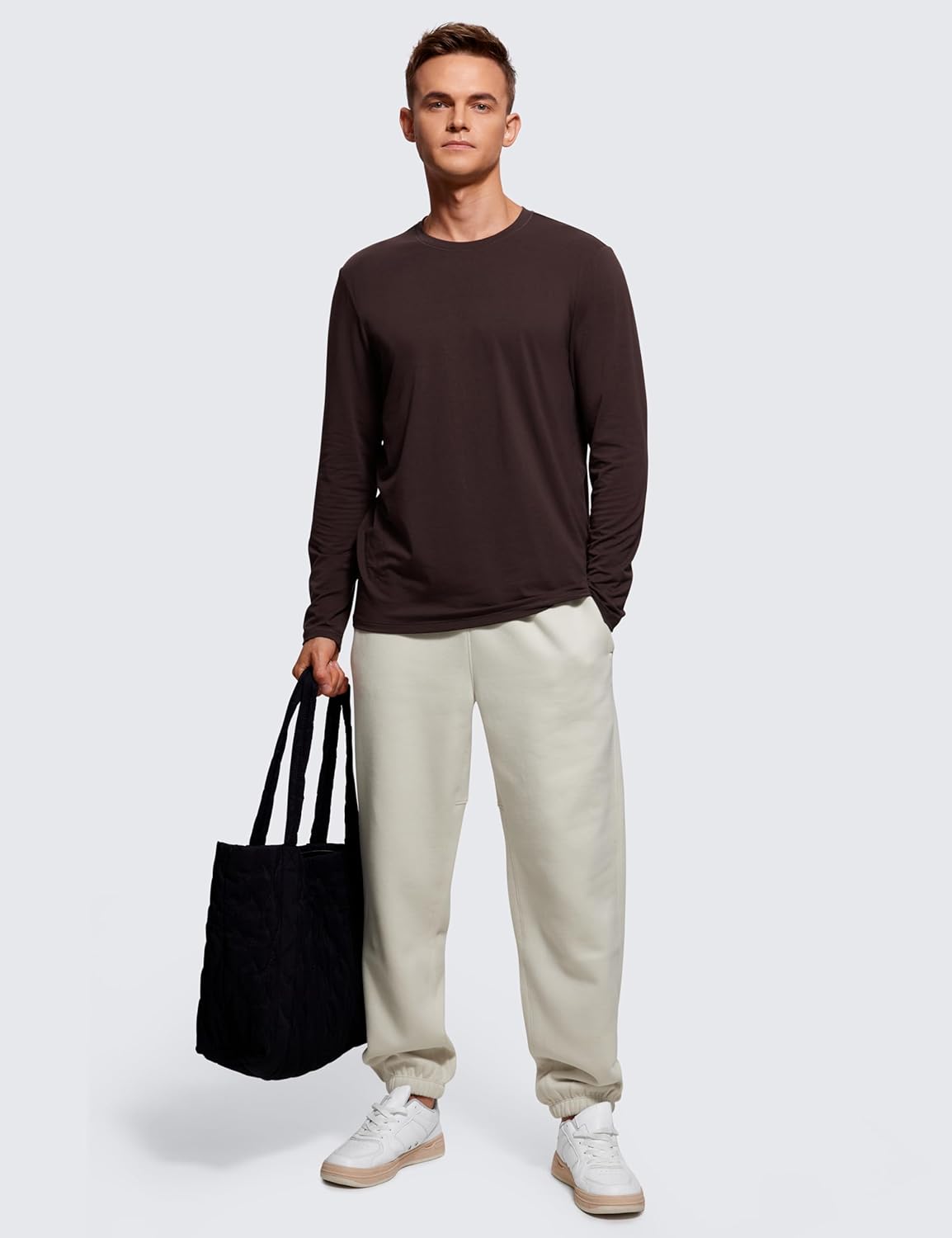 CRZ YOGA Mens Long Sleeve Basic Shirts Moisture Wicking Workout Tops Casual Crewneck Comfort Tee ShirtHot Fudge Brown
