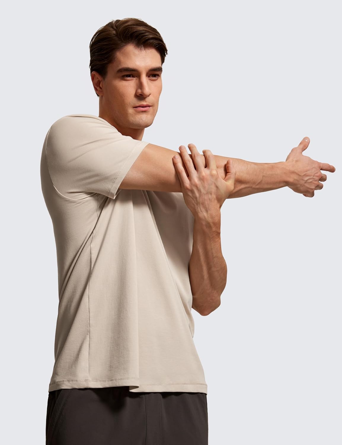 CRZ YOGA Mens Pima Cotton TShirts Short Sleeve Crew Neck Casual Shirts Breathable Workout Daily Tee TopsMojave Tan