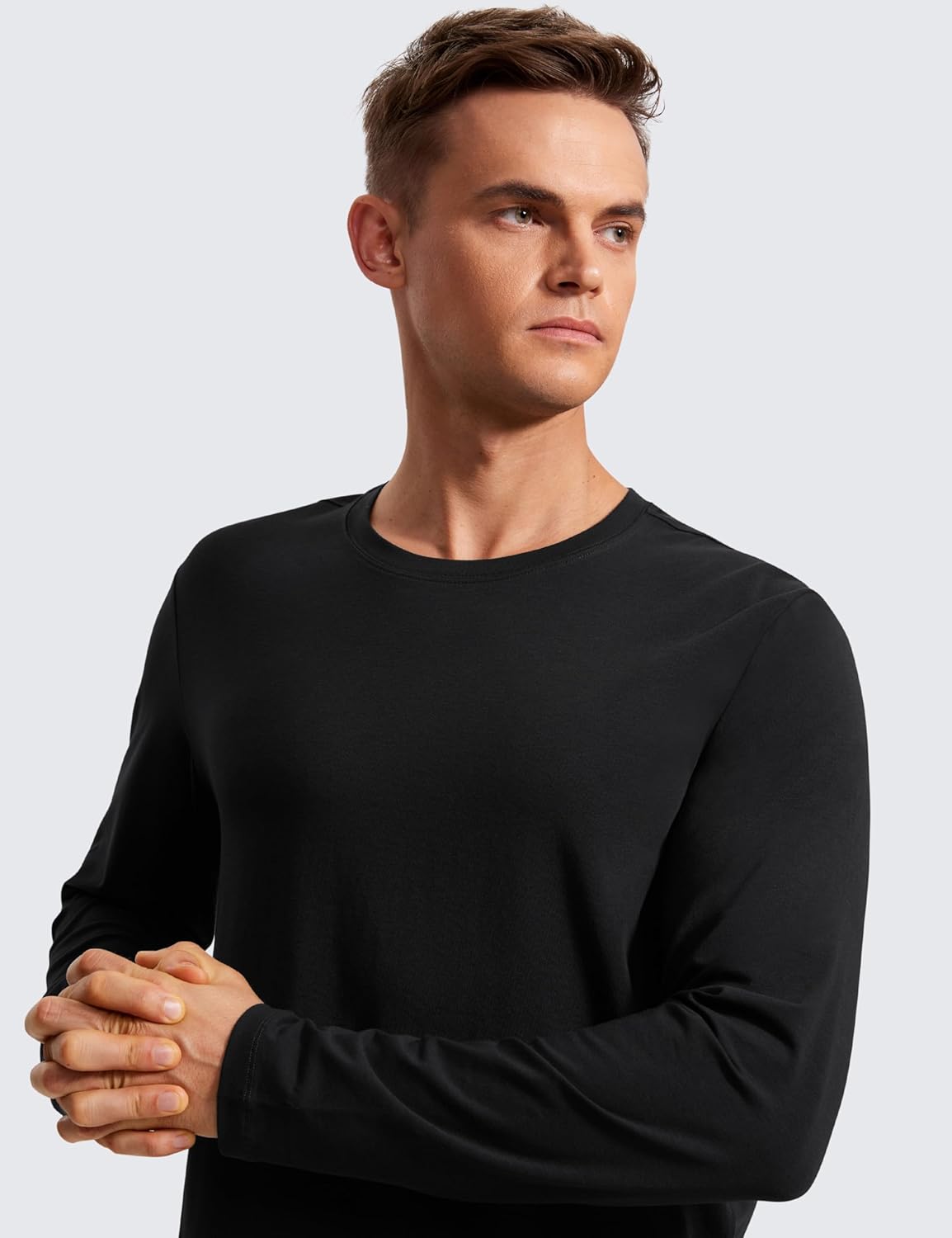 CRZ YOGA Pima Cotton Long Sleeve Shirts for Men Crew Neck Basic Casual Shirts Breathable Workout Comfort TopsBlack