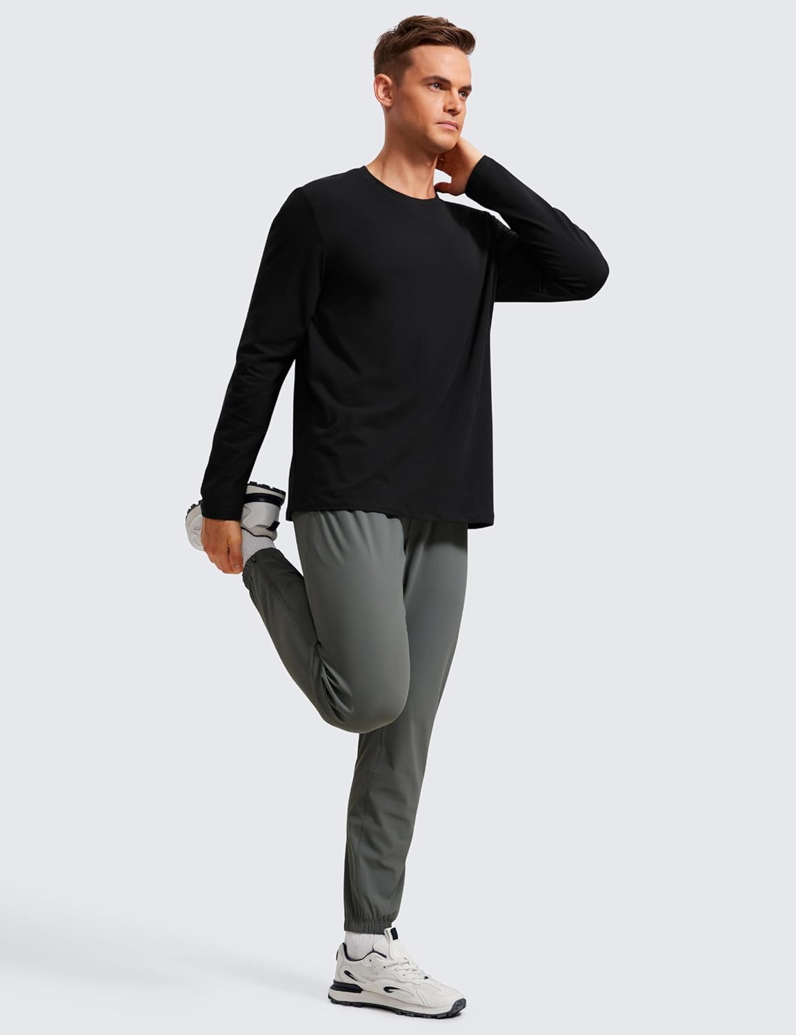 CRZ YOGA Pima Cotton Long Sleeve Shirts for Men Crew Neck Basic Casual Shirts Breathable Workout Comfort TopsBlack