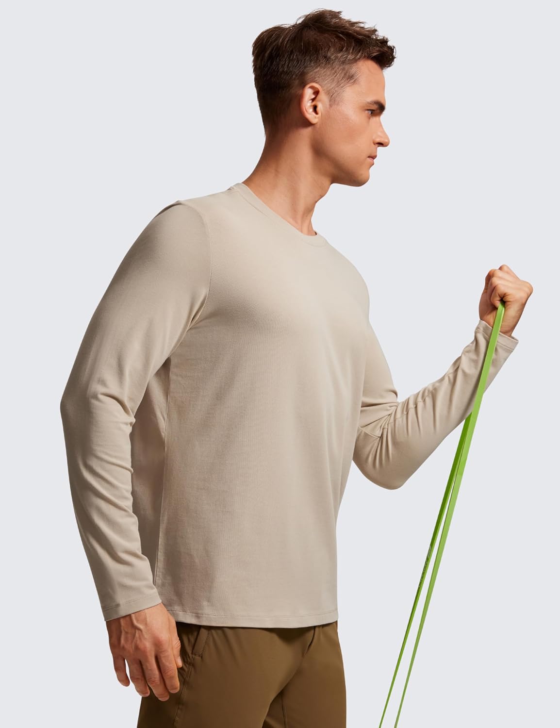 CRZ YOGA Pima Cotton Long Sleeve Shirts for Men Crew Neck Basic Casual Shirts Breathable Workout Comfort TopsMojave Tan